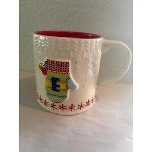 ANTHROPOLOGIE COFFEE TEA LATTE MUG BUNDLED UP MONOGRAM LETTER E HOLIDAY